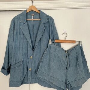 Free People Chambray Blazer Jacket Shorts Set Size M